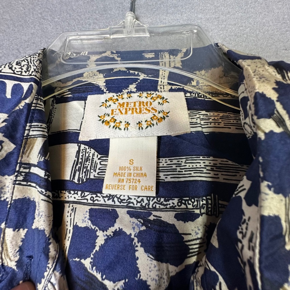 Metro Express 100% Silk Blouse Architectural Animal Print Blue Cream Vintage S - Picture 7 of 9